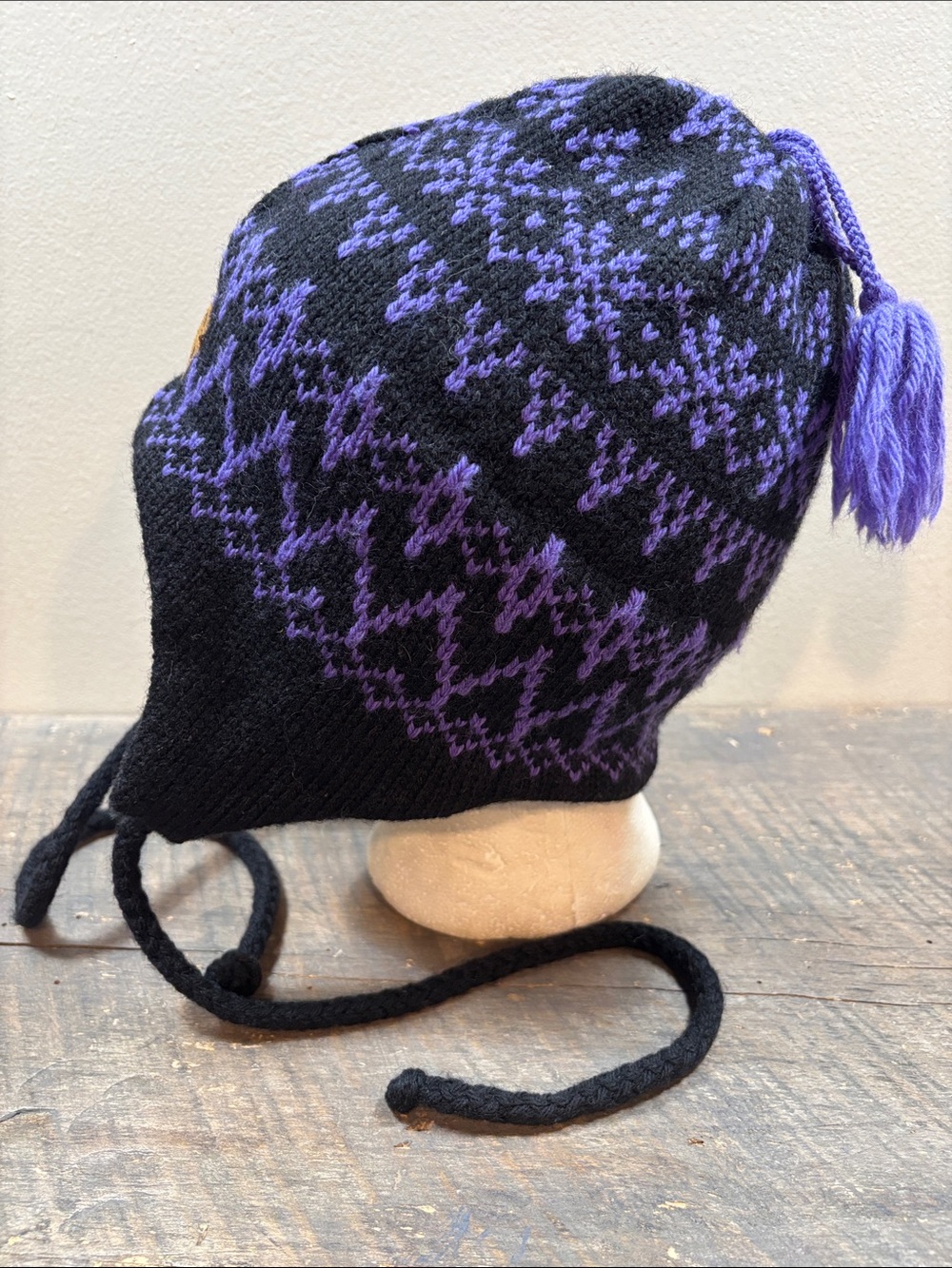 Merkley Wool Black and Purple Knit Earflap Beanie Hat